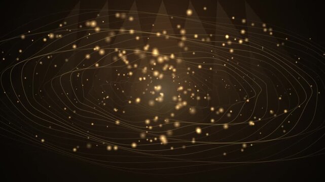 Golden Glowing Particles Floating Over Dark Background with Dynamic Thin Circular Motion Graphics Lin