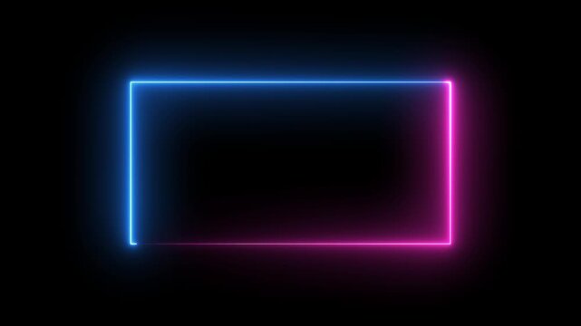 Glowing neon rectangle frame in blue and pink on black background.moving Neon lights border overlay live stream overlay