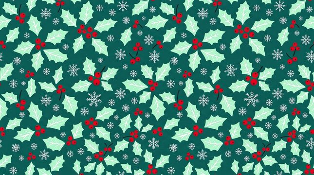 A vibrant and colorful abstract background featuring detailed holly leaves with bright red berry accents scattered throughout the design