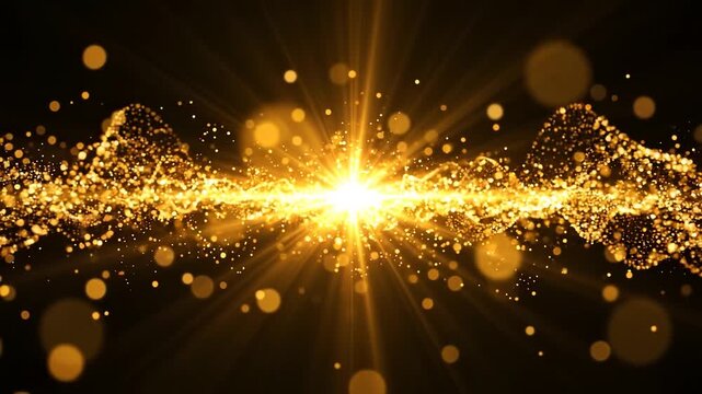 Golden particle wave background, with glowing light, flare and bokeh, motion effects