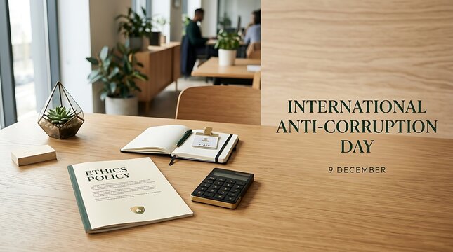 International anti corruption day poster with ethics policy on desk