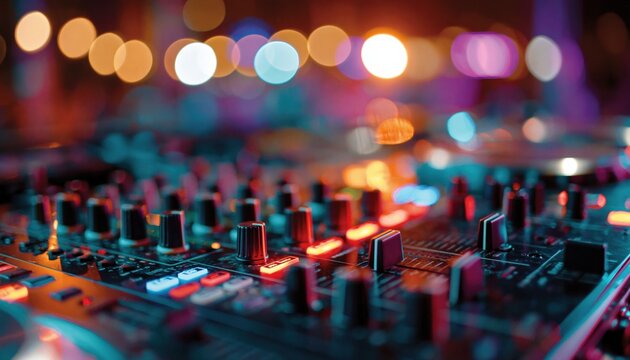 A DJ mixer sits in the foreground with knobs, faders, and illuminated controls at a live event. Colorful bokeh glows behind the soundboard. Club nightlife and music production.