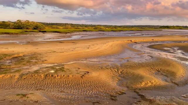 썰물에 드러난 넓은 모래톱과 물결 무늬 (Wide Exposed Sandbar at Low Tide with Rippled Patterns, No People)