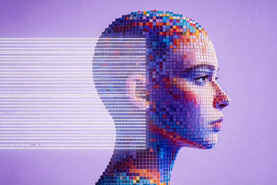 A side-profile digital human portrait made of pixel blocks, with data streams, representing tech and virtual identity concepts.