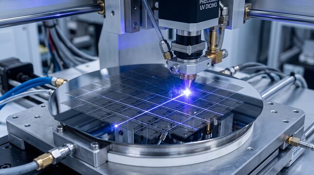 Cutting a silicon carbide semiconductor wafer with an ultraviolet (UV) laser for the production of microchips in a &ldquo;clean room&rdquo; environment. AI generated.