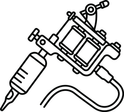 Professional Tattoo Machine Line Art Vector Icon of Induction Gun Equipment with Power Cable for Studio Branding, Salon Menus, and Graphic Designs