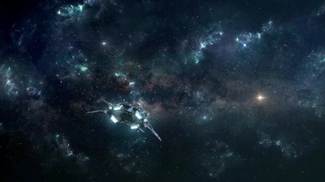 Futuristic Spaceship Traveling Through Deep Space Galaxy Cluster and Glowing Nebula Cloud (3D Rendered Sci-Fi Concept)   