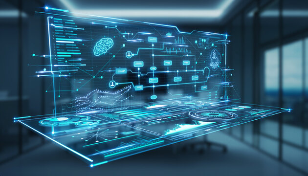 Futuristic holographic data dashboard with AI brain icon and analytics charts in modern office