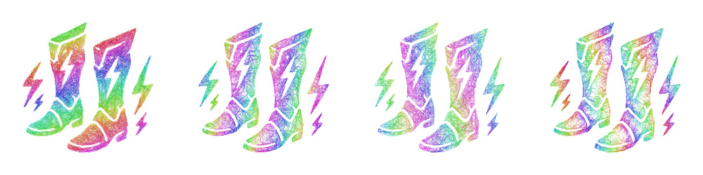 Multicolored sketch lightning boots icon design set