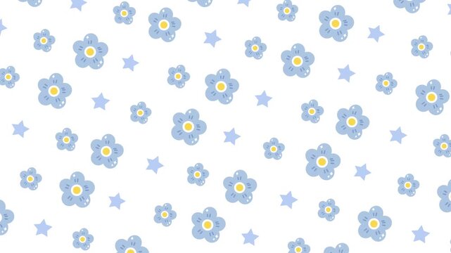 Seamless animation of cute blue flowers and stars on white background