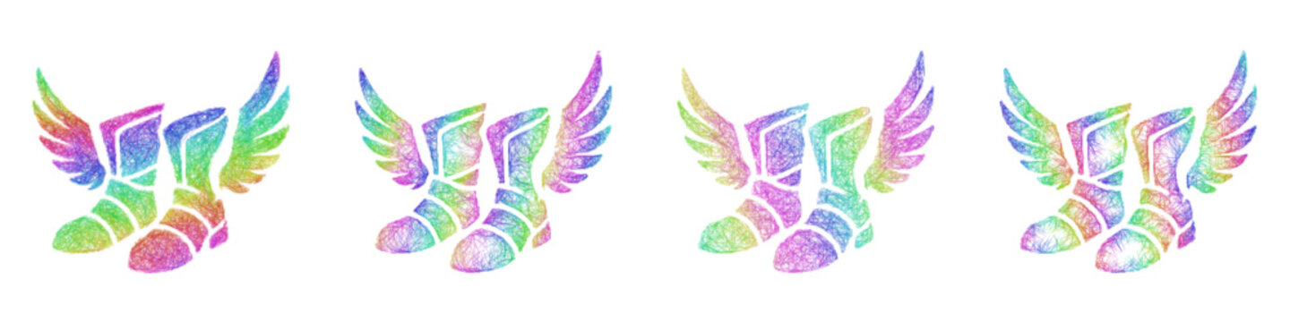 Multicolored sketch winged boots icon design set