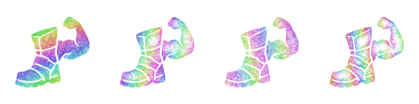 Rainbow sketch boots of strength icon design set