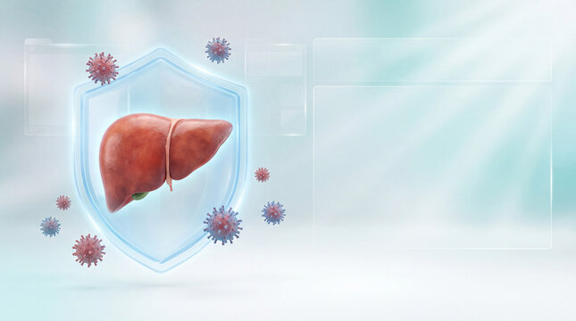 Conceptual medical illustration of a human liver protected by a shield from viral infection, representing hepatitis, prevention, immunity and healthcare.
