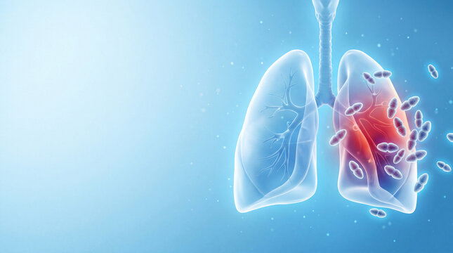 Conceptual medical illustration of inflamed human lungs surrounded by pathogens, representing pneumococcal respiratory infection, pneumonia and pulmonary disease.