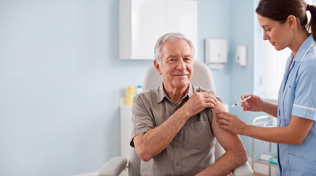 Senior man receives a vaccination from a nurse while seated in a medical clinic, illustrating immunization, preventive care and healthcare for older adults.