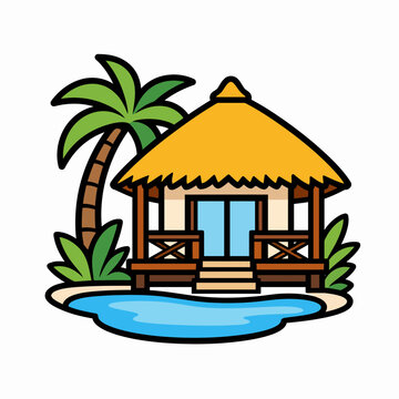 Tropical beach hut with palm tree and water.