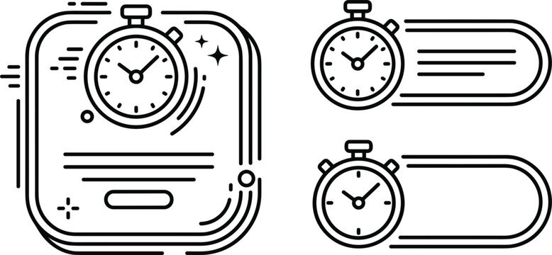 Stopwatch and Timer Line Icon Vector Set with Countdown Clocks, Notification Badges, and Minimalist Interface Banners for App and Website Digital Designs
