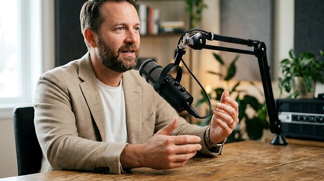 Professional man recording a podcast interview using a modern studio microphone at a wooden desk