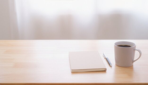 コーヒーとノートのあるシンプルなデスクと余白