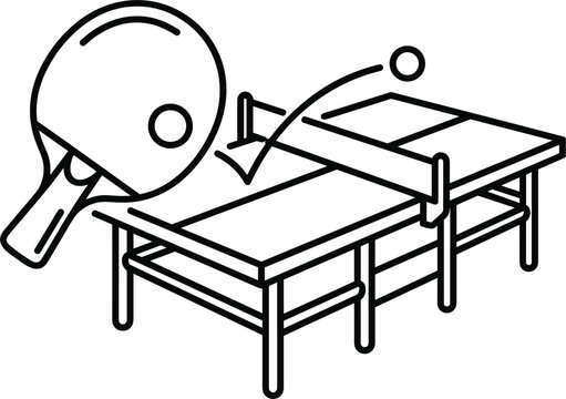 Table Tennis Line Art Vector Icon Featuring Ping Pong Paddle, Ball Motion, Net, and Table Set for Sports Tournament and Recreation Designs