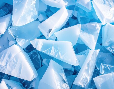 Top-down close-up of broken, translucent blue ice chunks and jagged shards scattered across a frozen surface, highlighting crystalline textures and patterns.