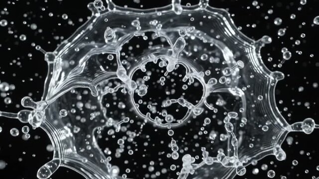Abstract Water Splash Explosion: Liquid Droplet Impact, Slow Motion, Macro, Black Background