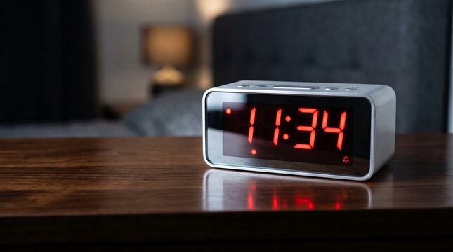 Digital alarm clock displaying 11:34 on wooden table in bedroom