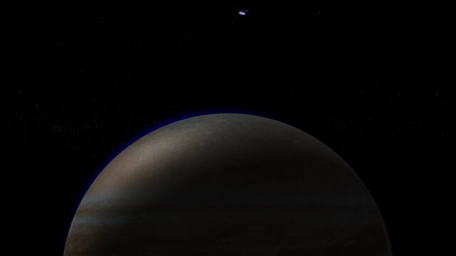 Jupiter slowly rotating in deep space with a small artificial satellite orbiting the planet