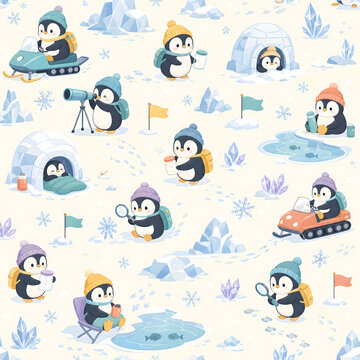 Adorable winter penguin seamless pattern featuring cute cartoon penguins in cold arctic snow scenery, ideal for nursery decor, children clothing, fabric print, and print on demand product