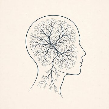 Line art of human head profile with tree branches forming the brain, mental growth concept