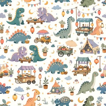 Cute dinosaur camping adventure seamless pattern with tents, trees, and outdoor activities for kids bedroom decor, children apparel, camping gear print, pod merchandise, and wrapping paper