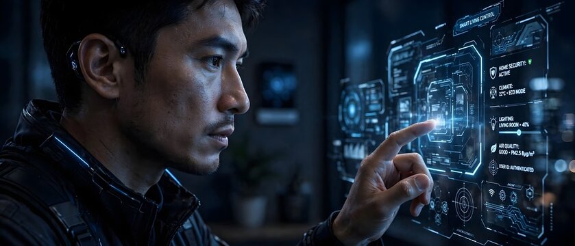 Asian Man Interacting with Futuristic Smart Living Control Hologram Interface in Cyberpunk Style