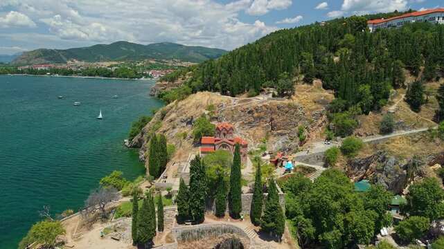 Aerial View of Church of Saint John the Theologian Above Lake Ohrid