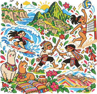 Peru traditional sports illustration set, Machu Picchu surfing volleyball clipart collection