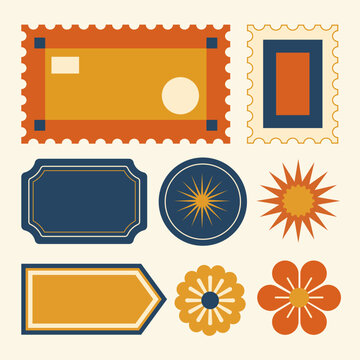 A set of vintage retro blank postage stamp frames, arrow banners, circular sunburst badges, and floral icons in a mid-century color palette