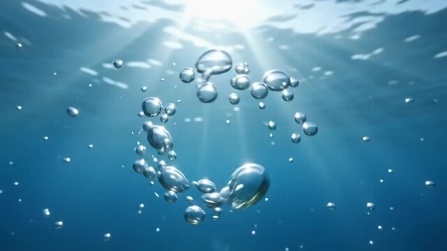Underwater Bubbles Rising with Sun Rays - Ocean Surface Light Beams, Aquatic Life & Refreshing