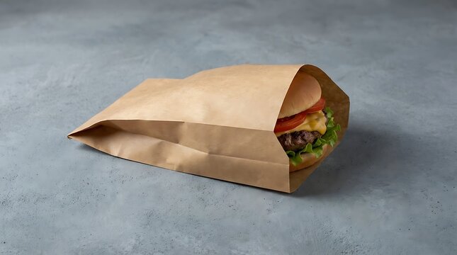 Fresh tasty beef burger inside a brown paper bag for takeaway food on a textured blue concrete surface. eco-friendly burger wrapper
