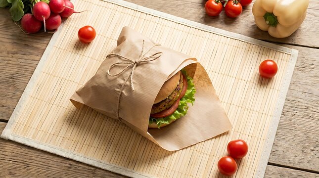 Fresh homemade burger wrapped in brown paper with cherry tomatoes and vegetables on a rustic table. eco-friendly burger wrapper
