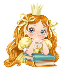 Portrait of a lovely princess in a yellow dress with books © Azuzl