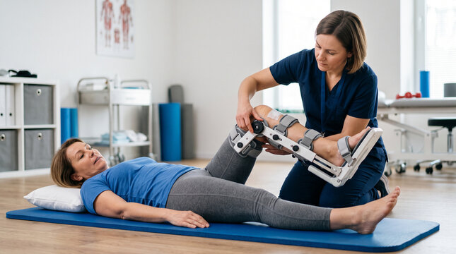 Physiotherapist adjusting CPM machine for patient leg, knee rehabilitation, passive motion therapy, orthopedic recovery, mobility treatment, medical equipment