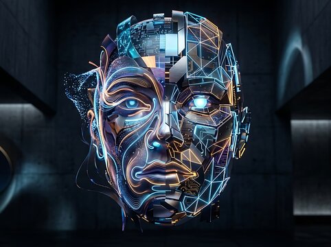 Abstract digital portrait of human face with circuit patterns.
