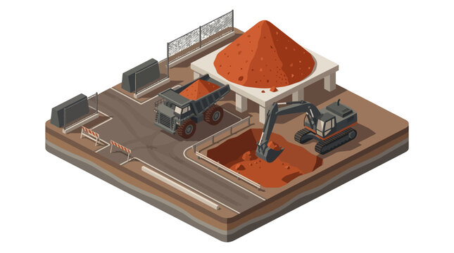 Isometric construction site with excavator digging and dump truck loading orange soil, illustration