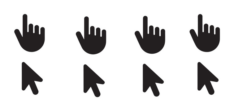 Black cursor icons set with hand pointer and arrow shapes for website navigation and digital interface design.