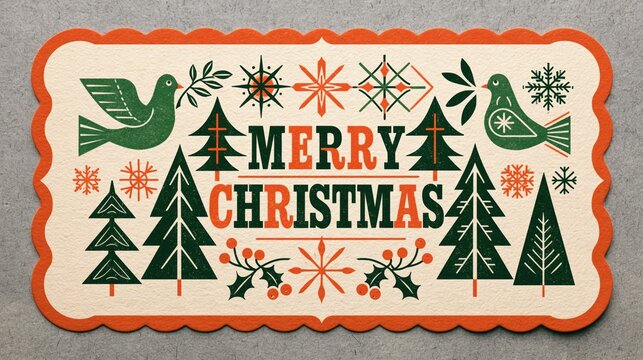 Vintage Mid Century Modern Merry Christmas Postage Stamp Design with Peace Dove Pine Trees Snowflake and Holly Leaves Illustration