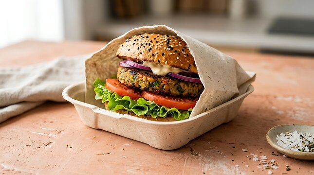 Fresh plant based vegan burger with lettuce and tomato served in a sustainable paper tray on wood table. eco-friendly burger wrapper