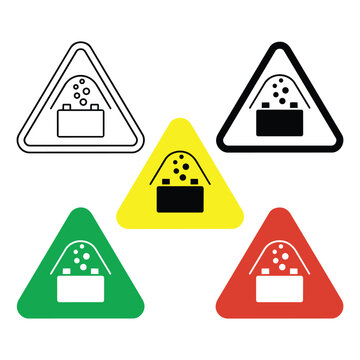 Set of triangular warning sign icons featuring battery charging symbol in multiple color variations triangle charging electricity illustration