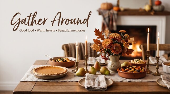 Rustic autumn dinner table set with pumpkin pie and roasted vegetables in a cozy home with illuminated lit taper candles front warm fireplace