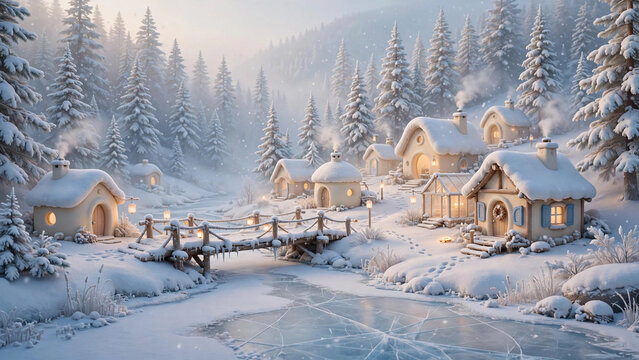 Cozy soft winter village landscape with snow covered cottages and warm lights. Winter landscape with snow covered trees. Winter landscape perfect for Christmas, banner, New Year's cards and posters