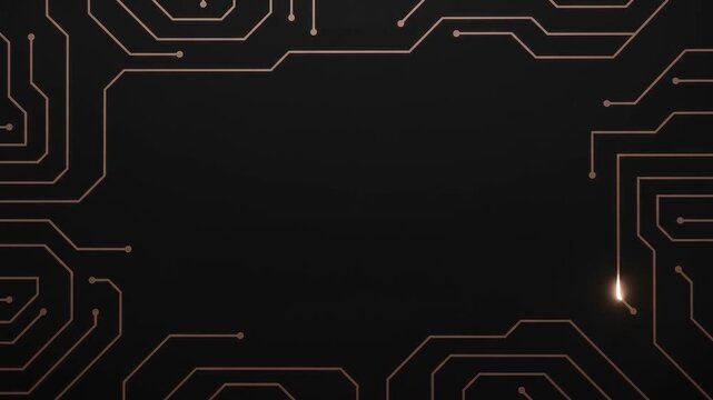 Animated sparks racing along copper circuit board paths with spiral maze patterns on dark background, futuristic technology, empty copy space