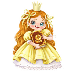 Cute cartoon princess in a green and gold dress greets the viewer watercolor illustration © Azuzl